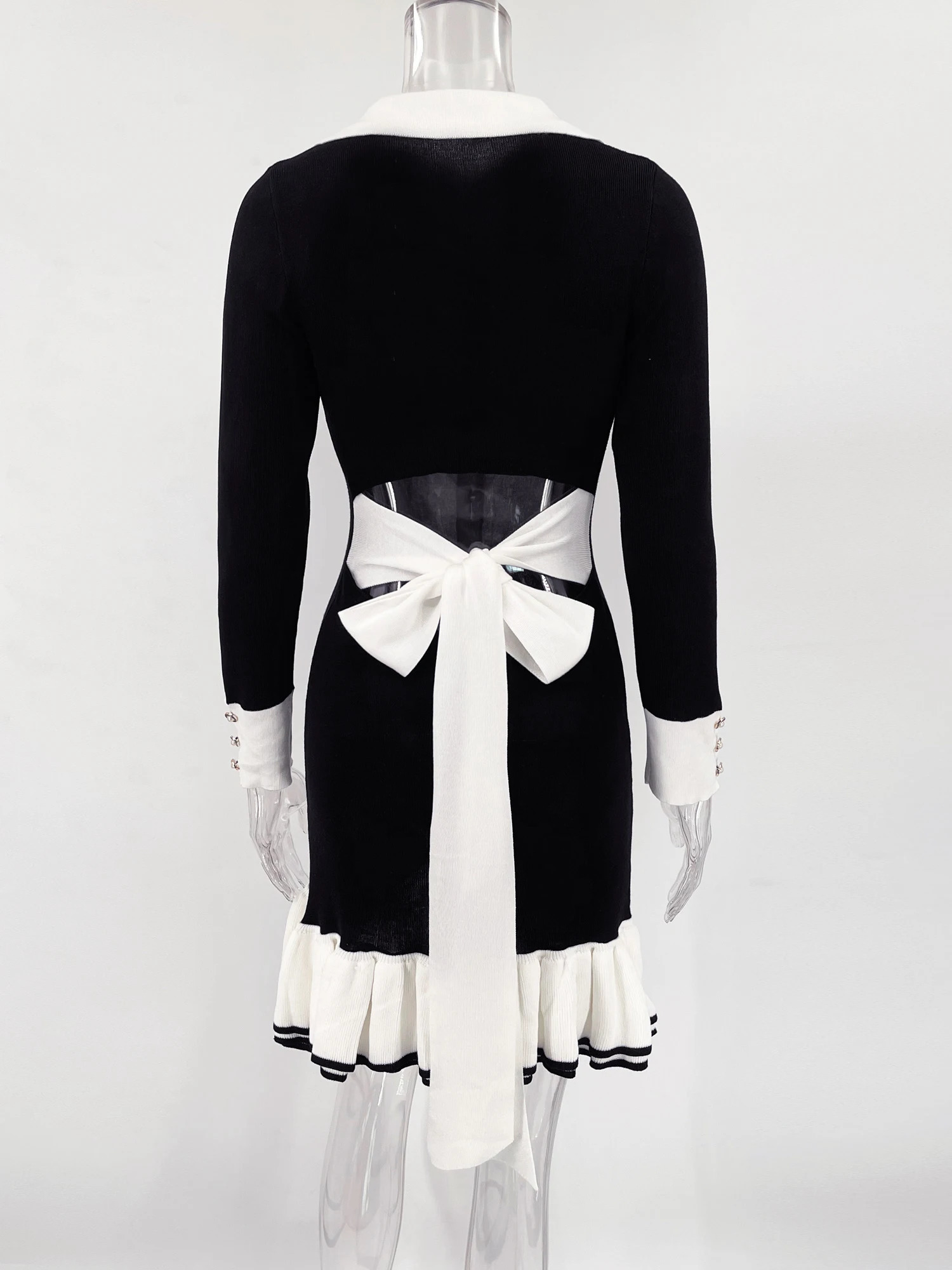 Ruffled Bow Knit Mini Dress Summer Backless Contrast Cardigan LaceUp Elegant Female Knitwear Bandage 250206