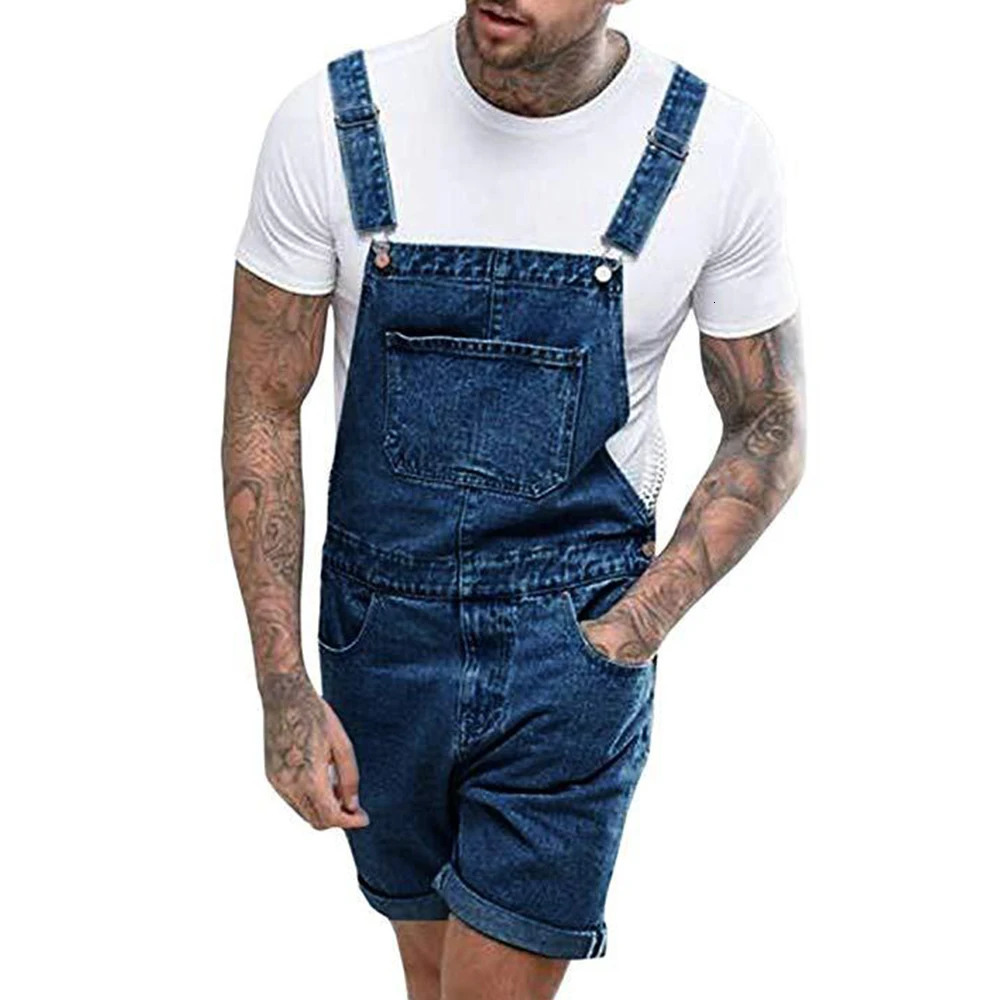 Mens Vintage Jeans Overalls Solid Color Elastic Denim Jumpsuit With Pockets Men Summer Casual Button Suspenders Short Pants 250207