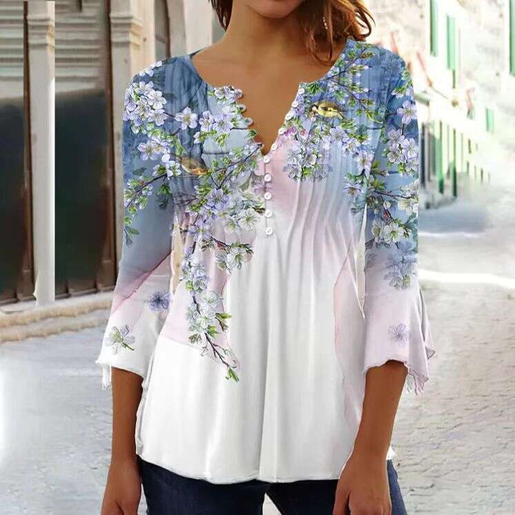 European and American Spring/Summer Women's wer Printed V-neck Short Sleeve Folded Button T-shirt Bottom Shirt 2024 New Casual Versatile Fashion 