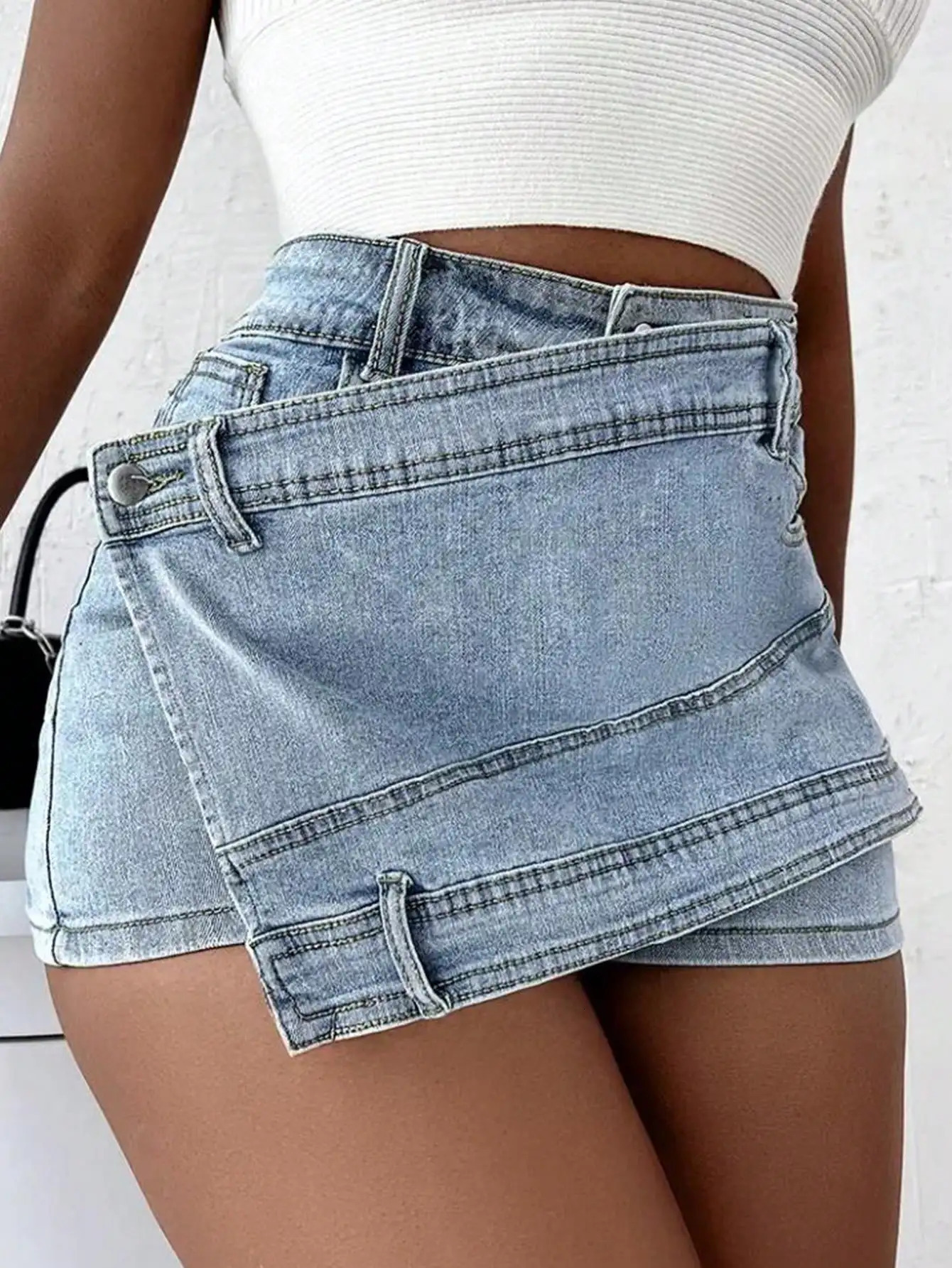 Women Fashion Denim Mini Skort Rave Street Wrap Stretch Irregular A-Line Skinny Cargo Jean Shorts Mujer 250207