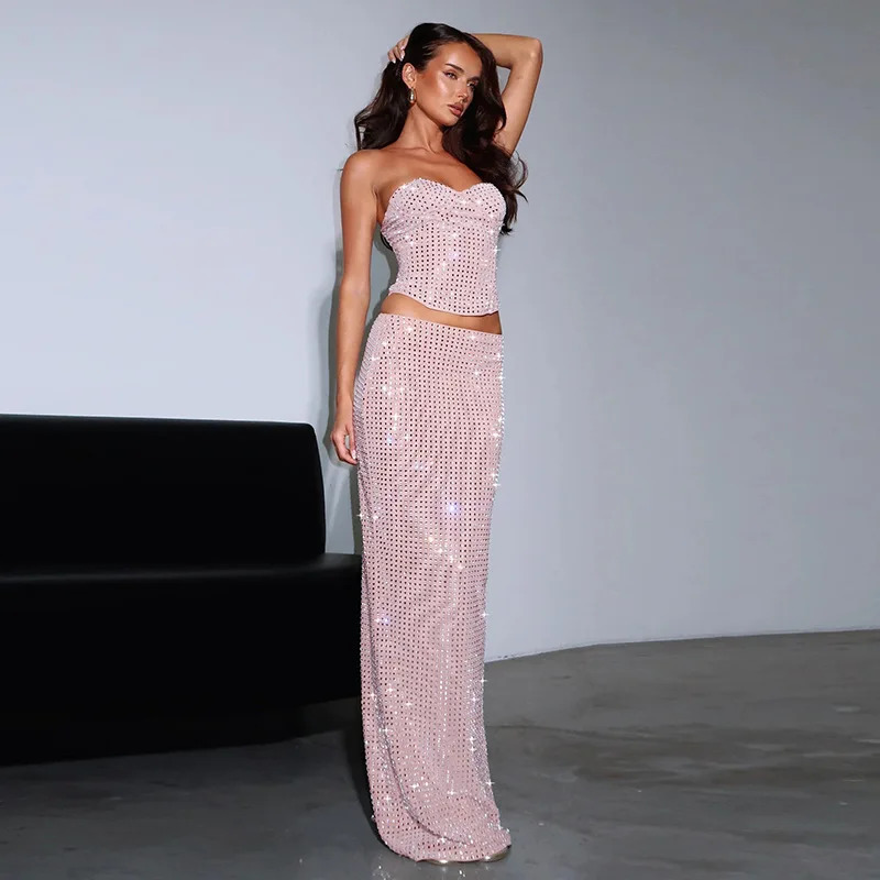 NIDANSSI Sequin Glitter Backless Evening Party Two Piece Set Strapless Top Long Skirt Women Set Elegant Summer 2 Piece Set Women 250206