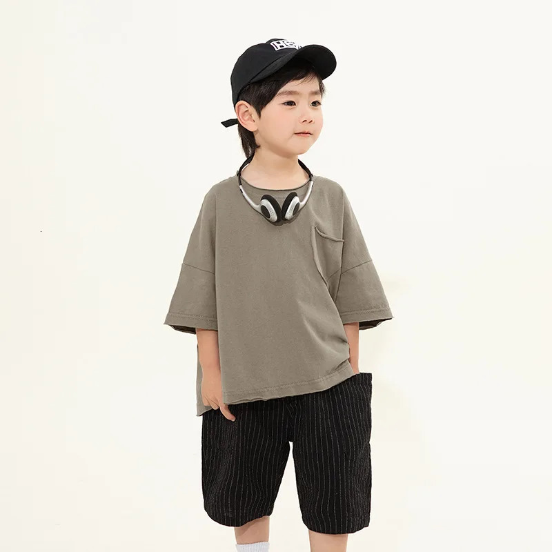 T-shirt Childrens Clothing Boys Short Sleeved Summer Korean Burr Edge Solid Color Half Sleeve Tops Round Collar 250207