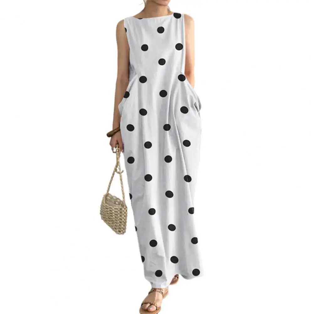Loose Maxi Dress Summer Maxi Dress with Dot Print O Neck Big Pockets for Women Soft Ankle Length BeachXJ2500207