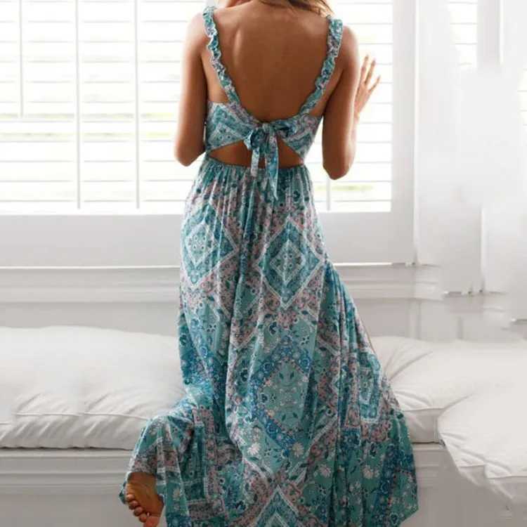 Women Sexy Backless Dress 2024 Summer Bohemian Floral Print Long Dresses Femal V Neck Vestidos Plus Size Lady Casual ClothesXJ2500207