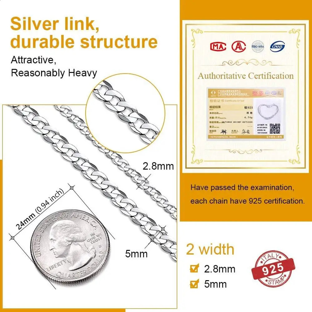U7 Solid 925 Sterling Silver Chain Necklace for Men Women Twised Rope Italian Figaro Cuban Curb Chains Stackable Unisex Jewelry 250120