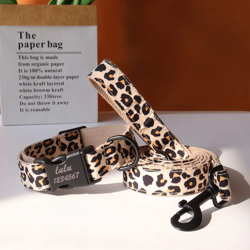 Personalized Leopard Green Field Pet Collar Camouflage Nylon Printed Dog Collar Free Engraved ID Leash Set Adjustable for Dogs 250121