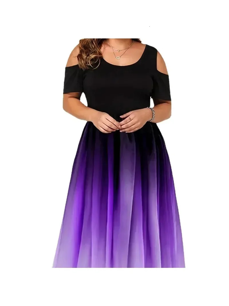 Women Plus Size 1XL-8XL Dress Gradient Print Off Shoulder Dress Tight Top and Loose Bottom Elegant Short Sleeve Long Ball Dress 250207