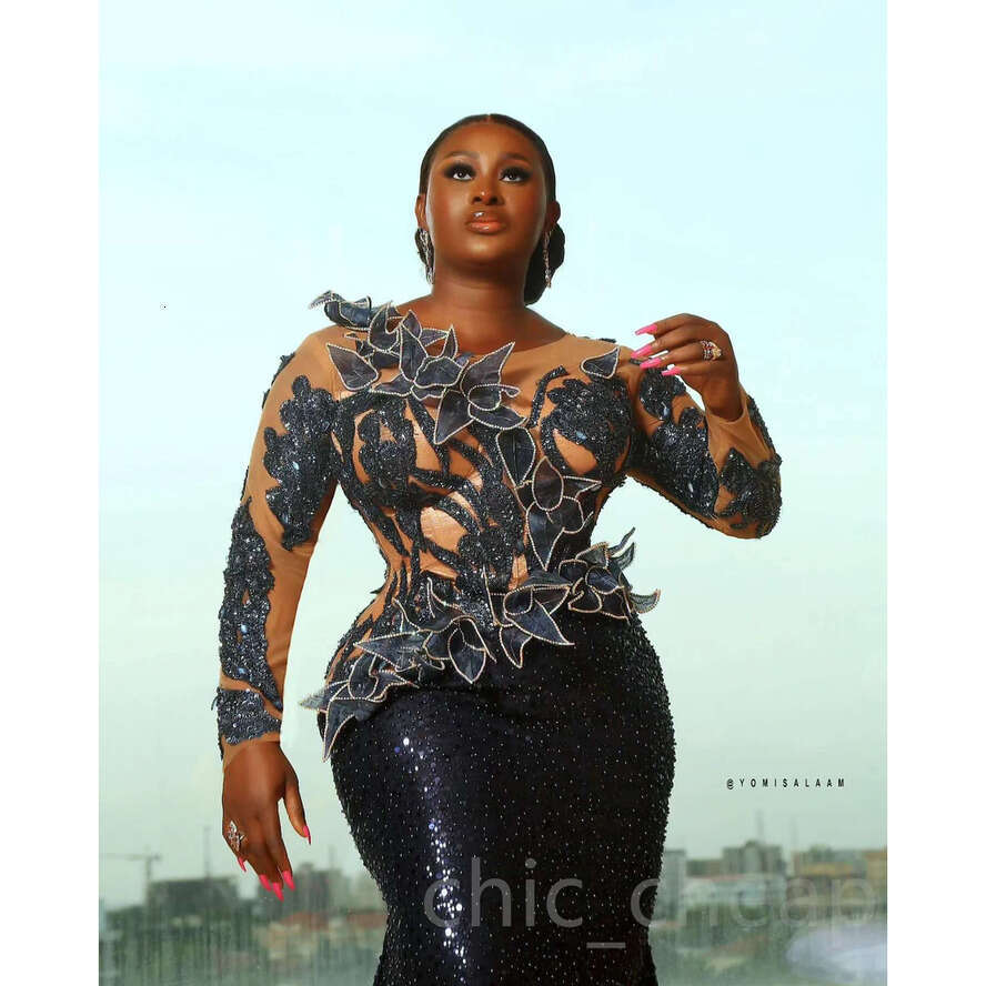 Aso African Ebi Black Mermaid Illusion Prom Dress Sequined Dresses For Special Ocns Ral Lace Evening Formal Party Birthday Second Engagement Gowns