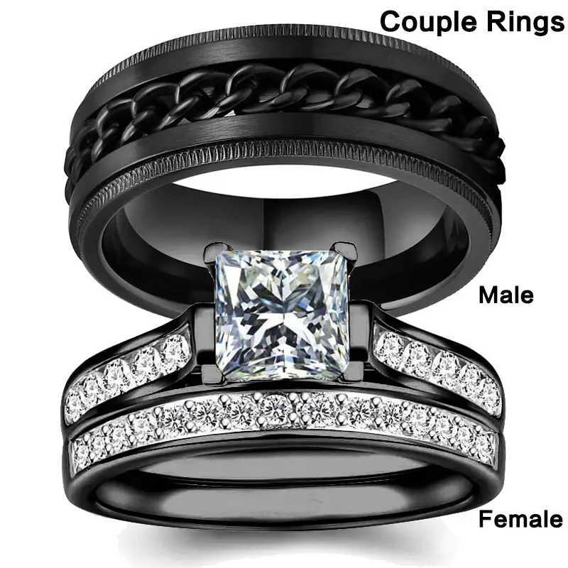 Fashion Couple Rings Exquisite Women Rhinestones Zirconia Rings Set Simple Men Stainless Steel Chain Rings Wedding Band Jewelry W250207
