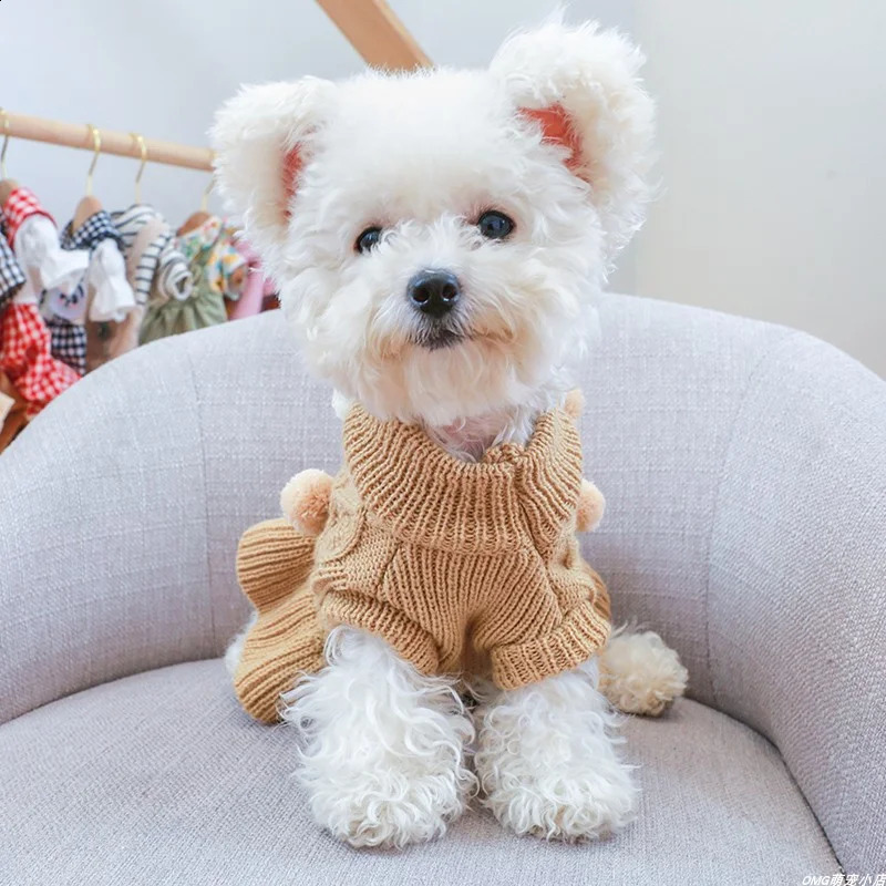 1PC Pet Apparel Dog Autumn and Winter Thickened Warm Pink Coffee Ball Knit Pullover Sweater Dress For Small Medium Dogs 250206