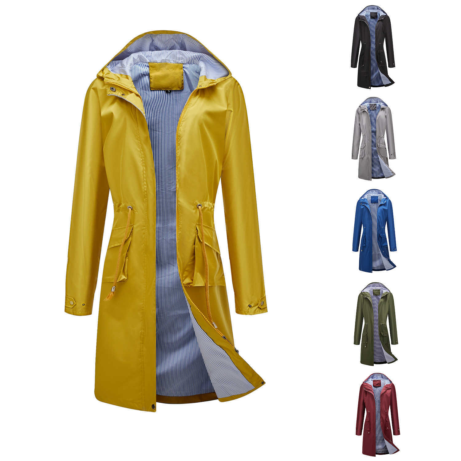 European Spring Autumn Long Casual Windbreaker WoMens Splash-proof Hooded Solid Color Striped Lining Straight Jacket Womens Long Trench Coat Womens Ja