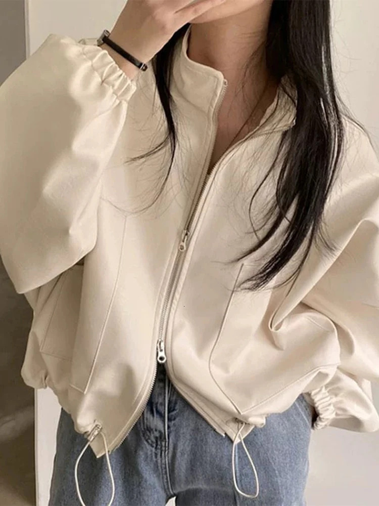 PU Leather Jacket Women Y2k Street Fashion Zipper Loose Female Crop 2025 Spring Long Sleeve Stand Neck Moto Biker Lady Coat