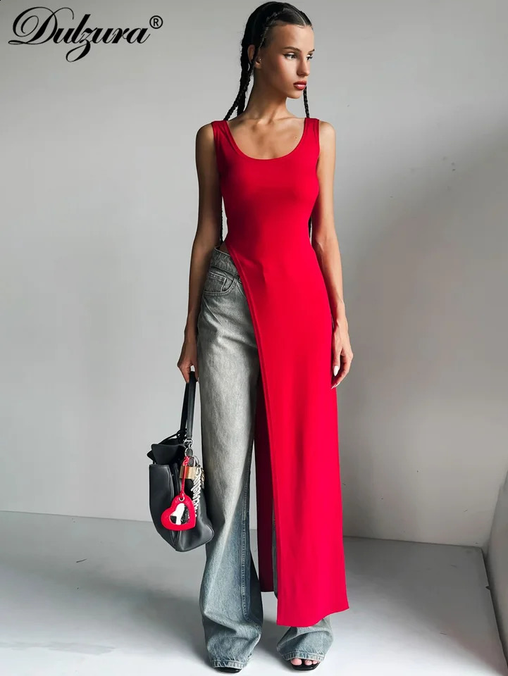 Dulzura 2024 Sexy Sleeveless Side High Split Dress Solid Backless Women Midi Dresses Summer Party Club Streetwear Clothes Y2K 250206
