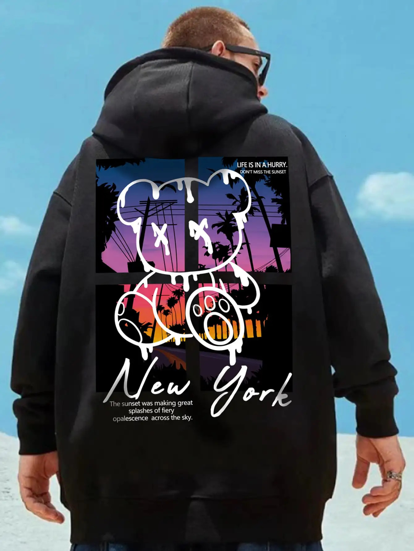 York Art Word Cartoon Bear Sunset Scenery n Male Clothing Hip Hop Street Hoodies AllMatch Pocket Pullovers Men Hoody 250207