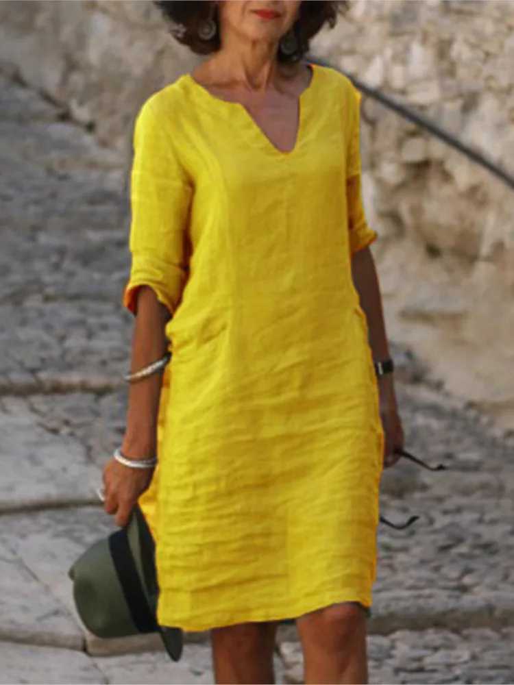 2024 Cotton Dress Womens V-Neck Half Sve Solid Loose Dresses Fe Summer Fashion Office Casual Ladies Clothes WholesaleXJ2500207