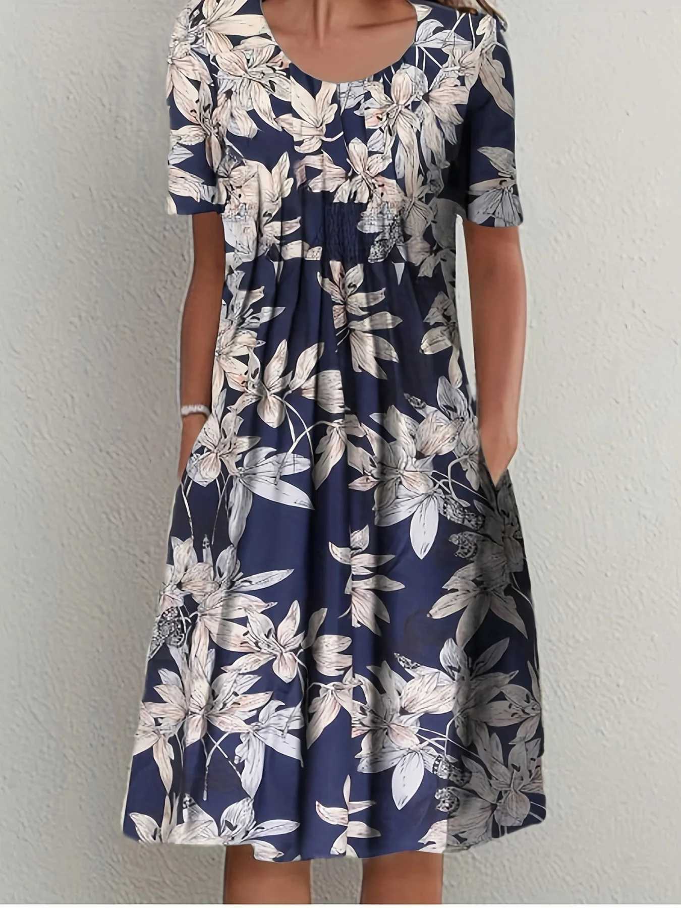 Spring And Summer Womens Ele Large Skirt Round Neck Printed Short-sved DressXJ2500207