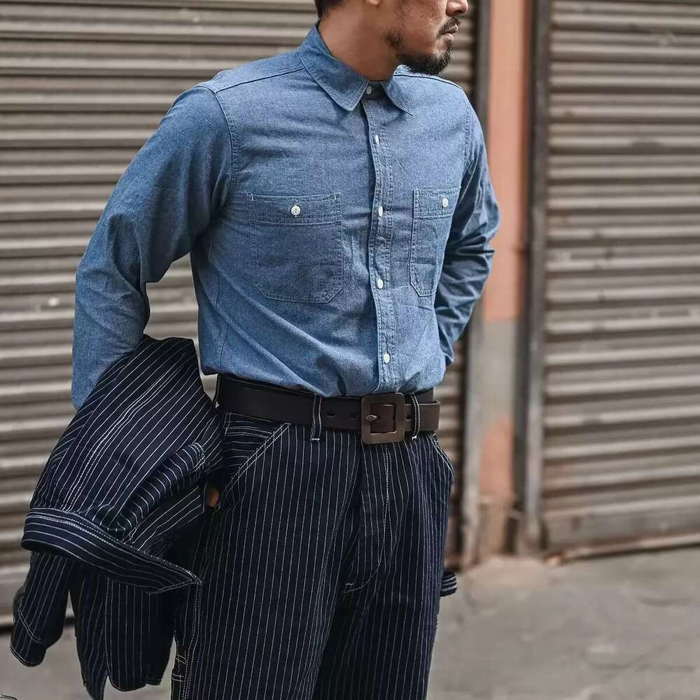 Non Stock Classic Chambray Shirt Spring Men's Two-Pocket Workshirt Light Blue