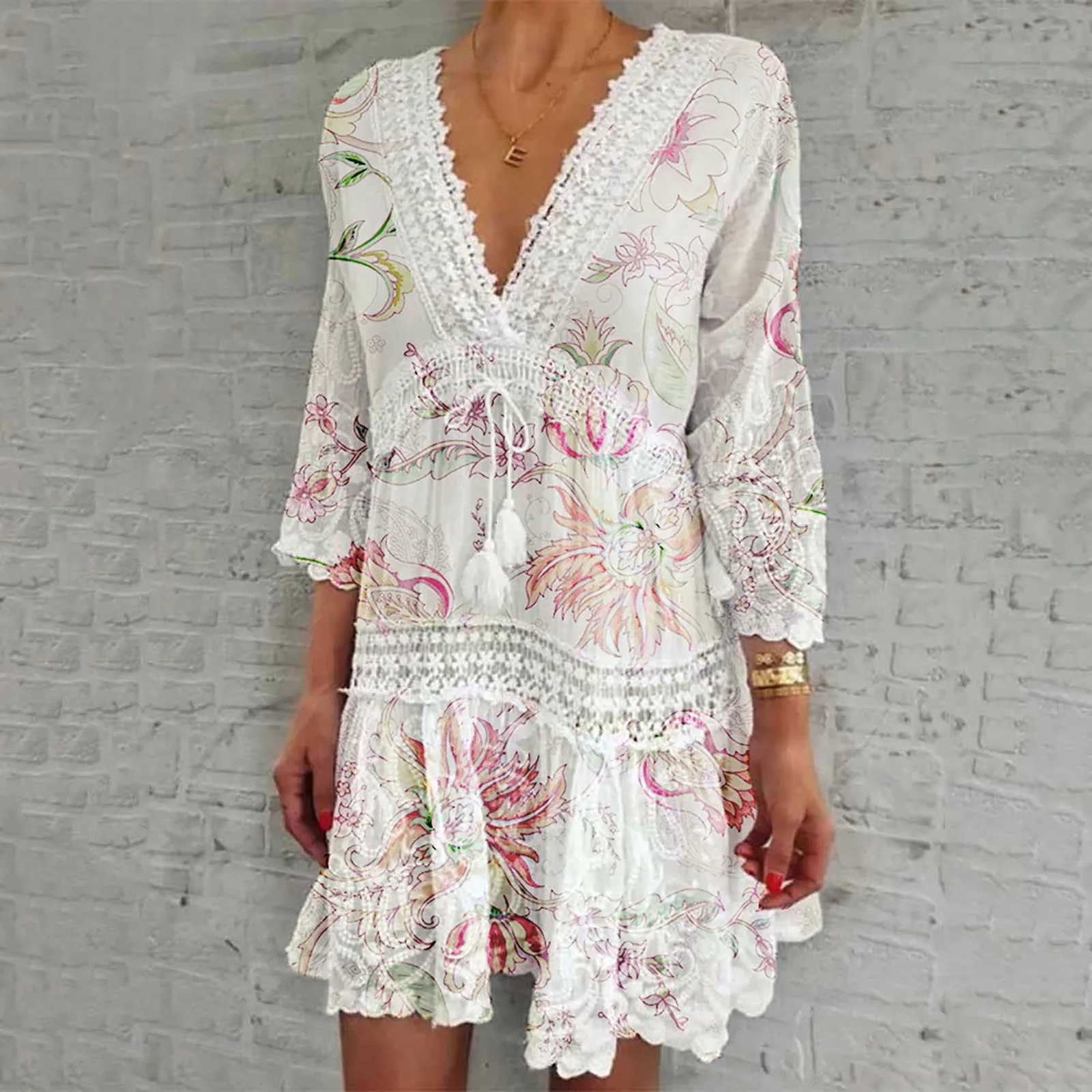 Dresses For Formal Occasions Womens Fashion V Neck Lace Jacquard Seven Quarter Sve Bohemian Floral Dress Sexy Beach SundressXJ2500207