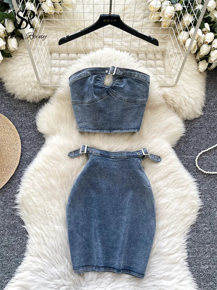 SINGREINY Vintage Women Denim Sets Strapless Sleeveless Zipper Mini Tank TopHIgh Waist Slim Skirt Fashion Streetwear Suits 250207