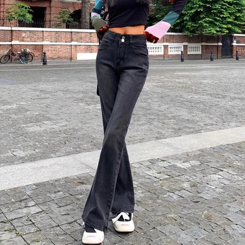 Woman High Waist American Vintage Bell Bottom Jeans Female Elastic Flare Pants Girls Fashion Streetwear Gray Denim Trousers 250206