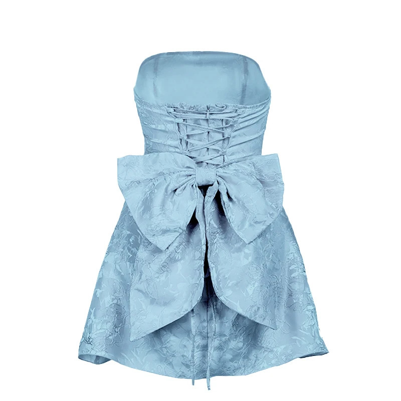 Womens Sweetheart Short Dress Summer Fashion Style Temperament Sexy Jacquard Chest Bow Mini Dres 250206
