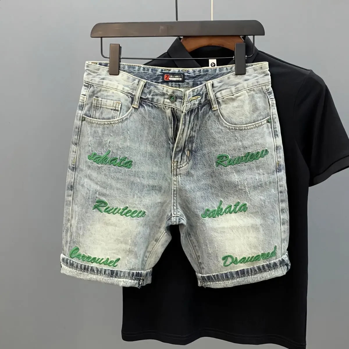 Male Denim Shorts Oversize Big Size Retro With Text Mens Short Jeans Pants Cut Cow Korean Fashion Jorts Sale Vintage 250206