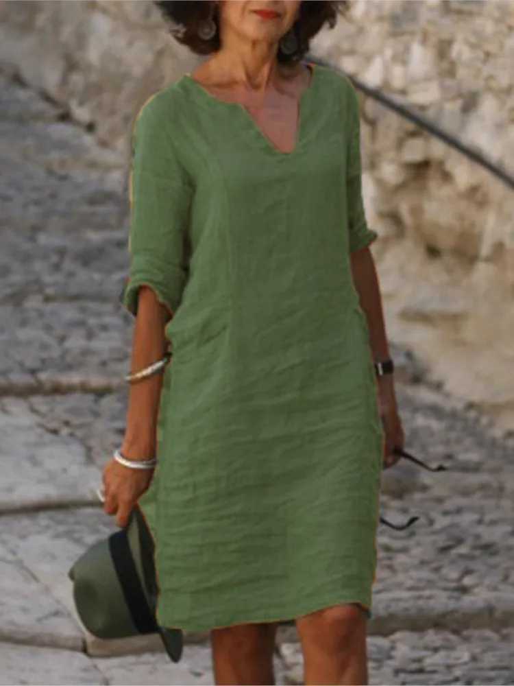 2024 Cotton Dress Womens V-Neck Half Sve Solid Loose Dresses Fe Summer Fashion Office Casual Ladies Clothes WholesaleXJ2500207