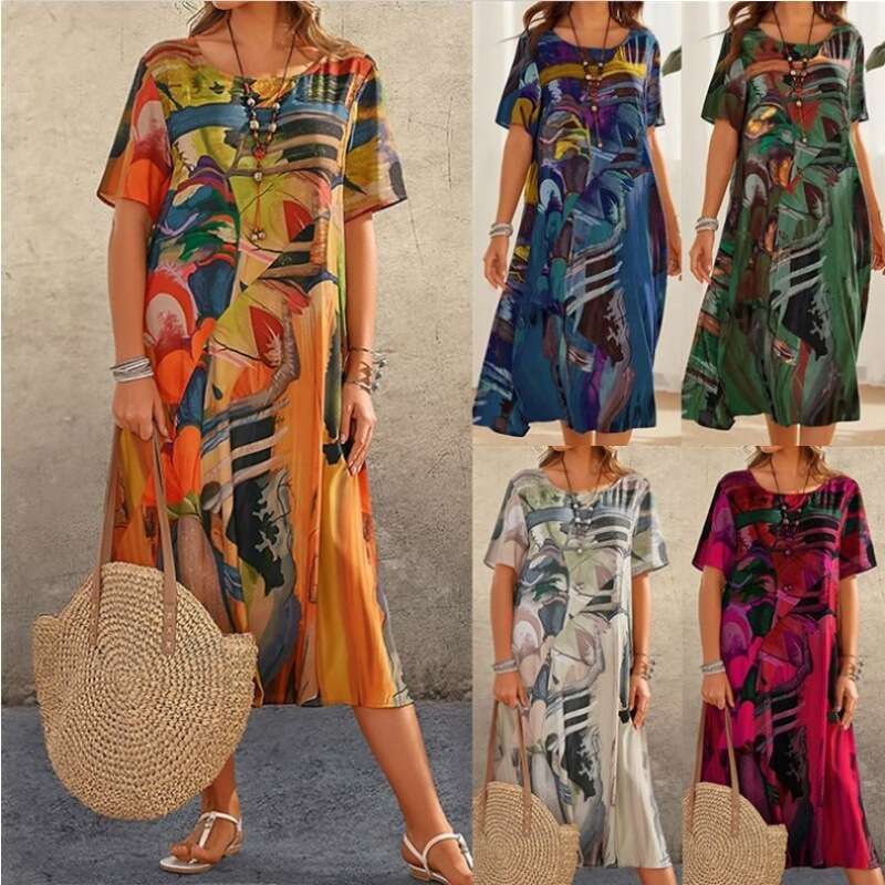 European and American printed dress summer short sleeved loose round neck wide skirt 2024 new casual fashion trend clothing