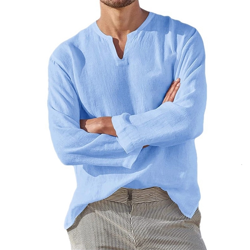 Cotton Linen Men Shirt Brief Breathable Comfy Solid Color Long Sleeve V neck Casual Blouse Hawaiian Shirt Oversize Tops 250206