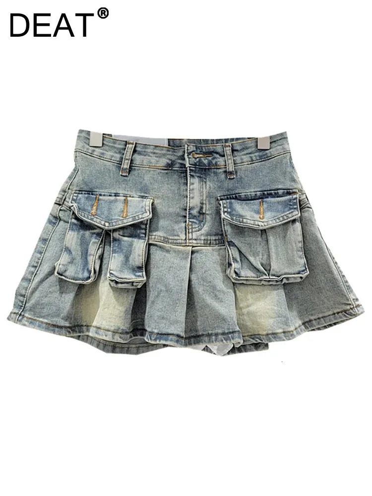 DEAT Womens Denim Skirts Patchwork Asymmetric Pockets Pleated A-line Short Cargo Miniskirt 2025 Spring Fashion 29L6949 250207