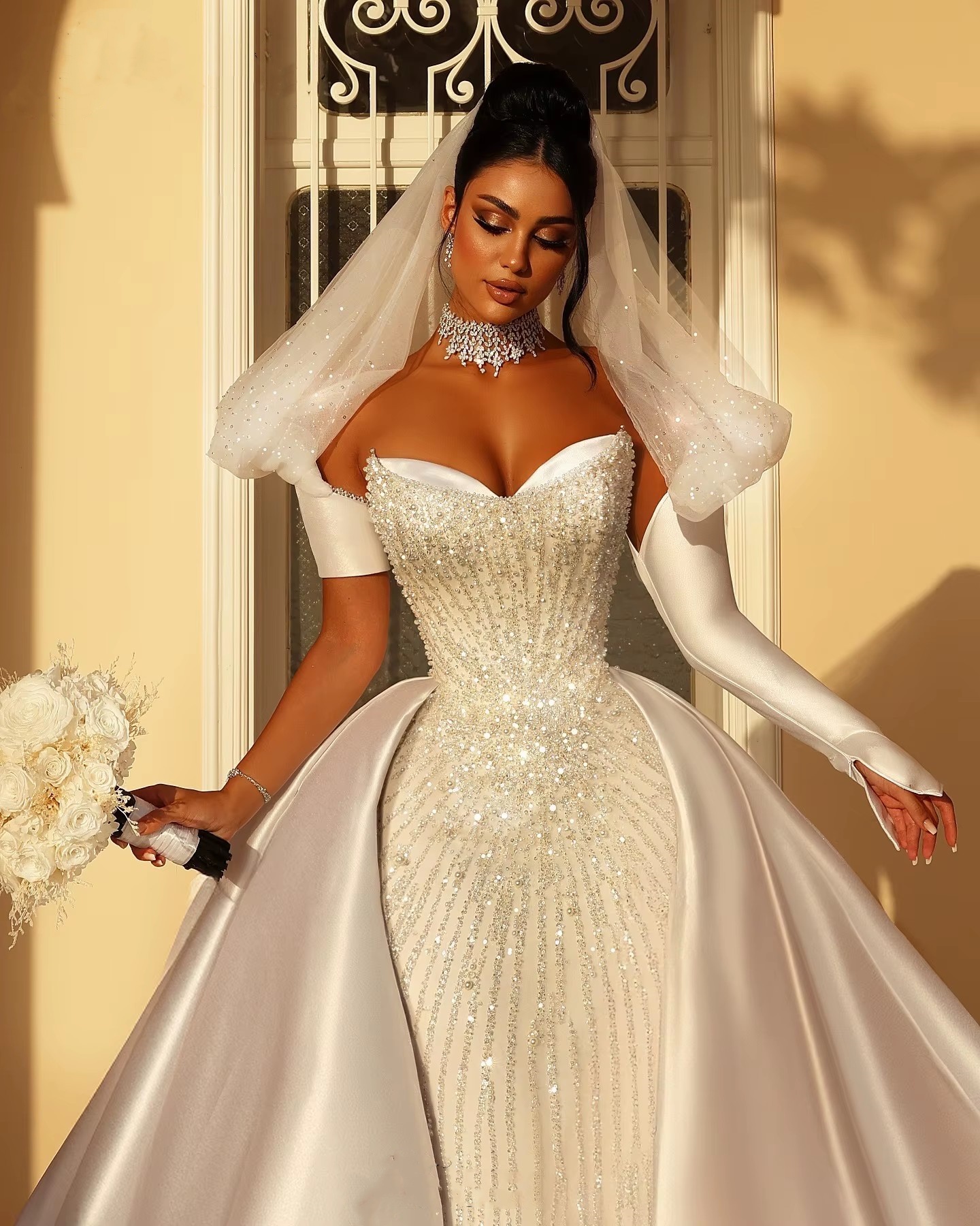 Exquisite Bridal Gowns Pearls Sequins Wedding Dress with Overskirts Custom Made Princess Strapless Sweep Train Bride Dresses Vestido de novia