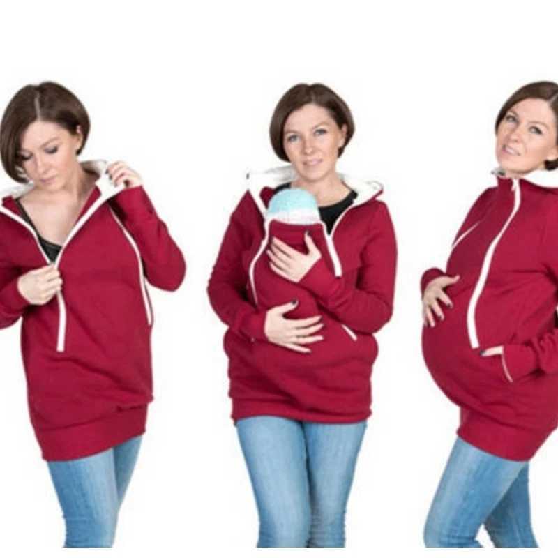 Hoodie Pregnancy Women Kangaroo Carrier 2024 Spring Autumn Maternity Women Casual Sweatershirt Coat With Zipper Pocket B0061 W250207