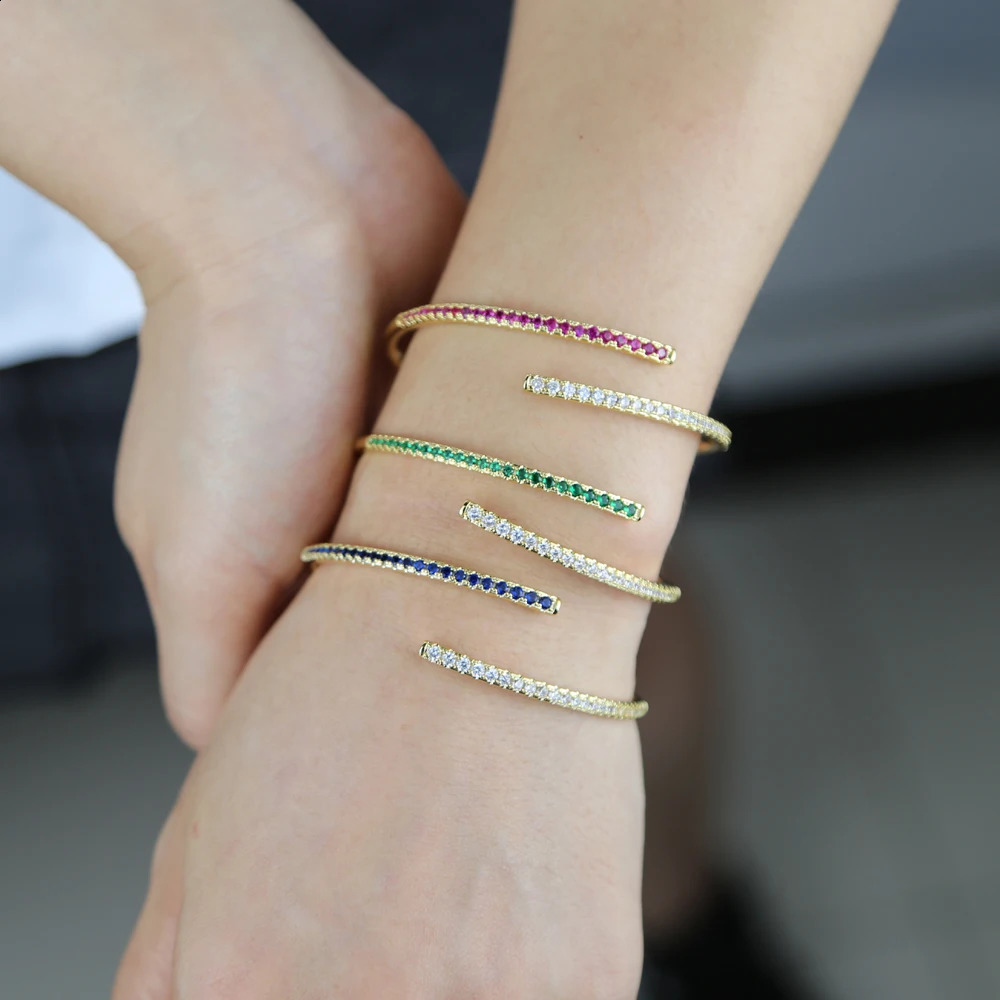 Open Adjusted CZ Cuff Bangle For Women Fashion 3 Colors Red Blue Green Cubic Zirconia Bracelet 250207