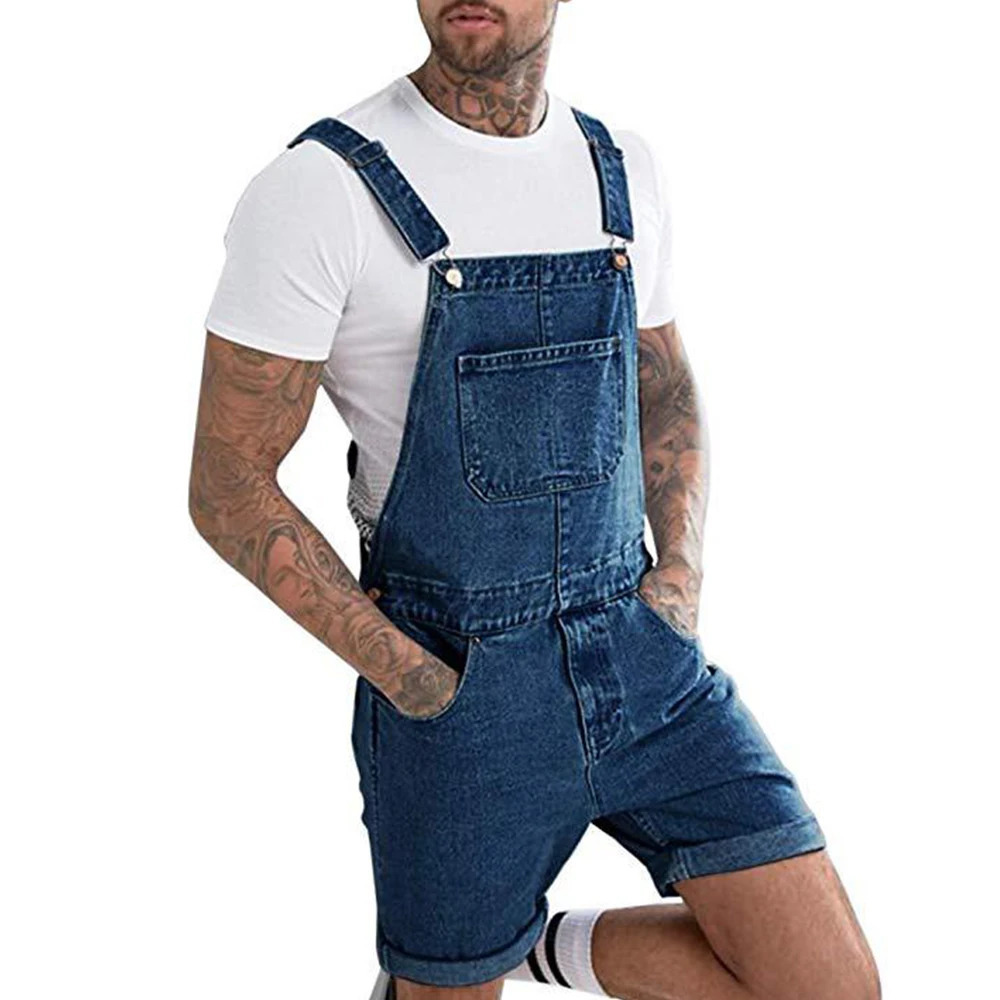Mens Vintage Jeans Overalls Solid Color Elastic Denim Jumpsuit With Pockets Men Summer Casual Button Suspenders Short Pants 250207