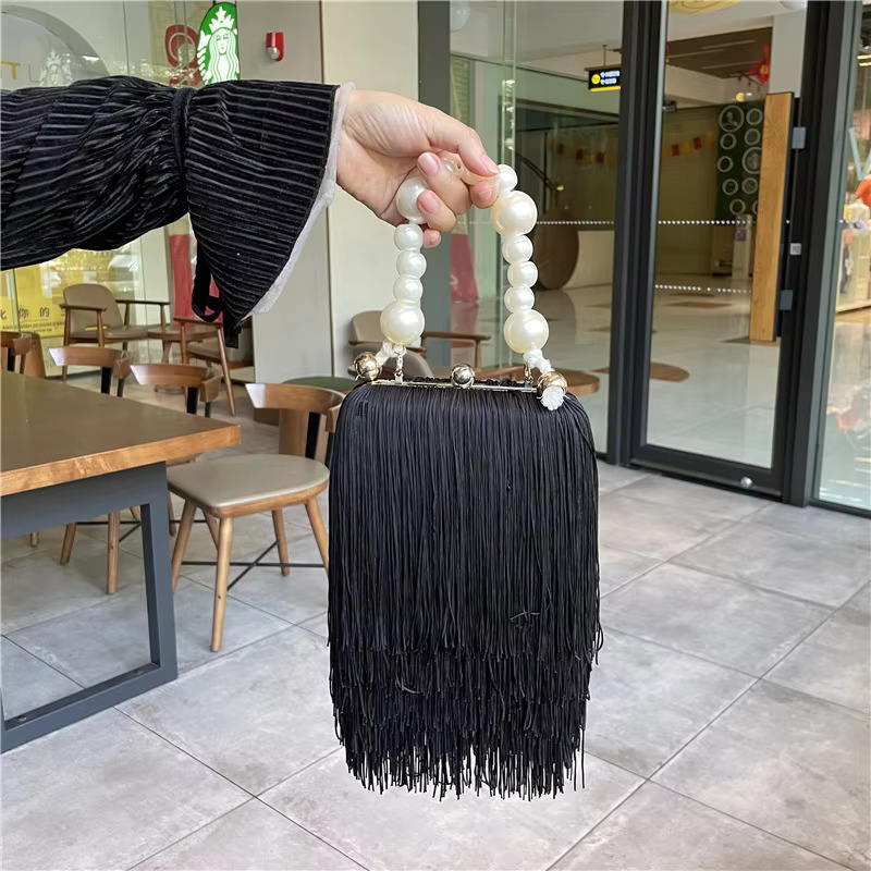 Small Square Female Pearl Chain Handbag Dinner High Quality Long Tassel Clutch Black Evening Bag PU Cartoon