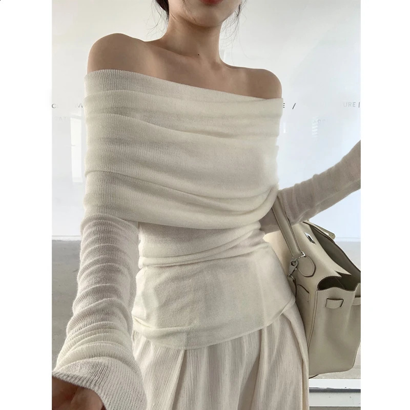 Elegant Fashion Off Shoulder Women Blouse Pile Collar Knitted Shirt Ladies Office Casual Undershirt Gray Tops Mujer Blusas 250107