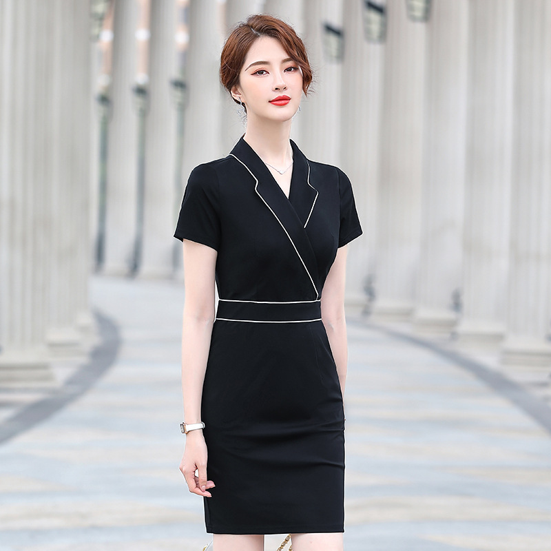 LO3185 Short skirt black V-neck dress female temperament commuting hip waist bottoming skirt jewelry store work clothes