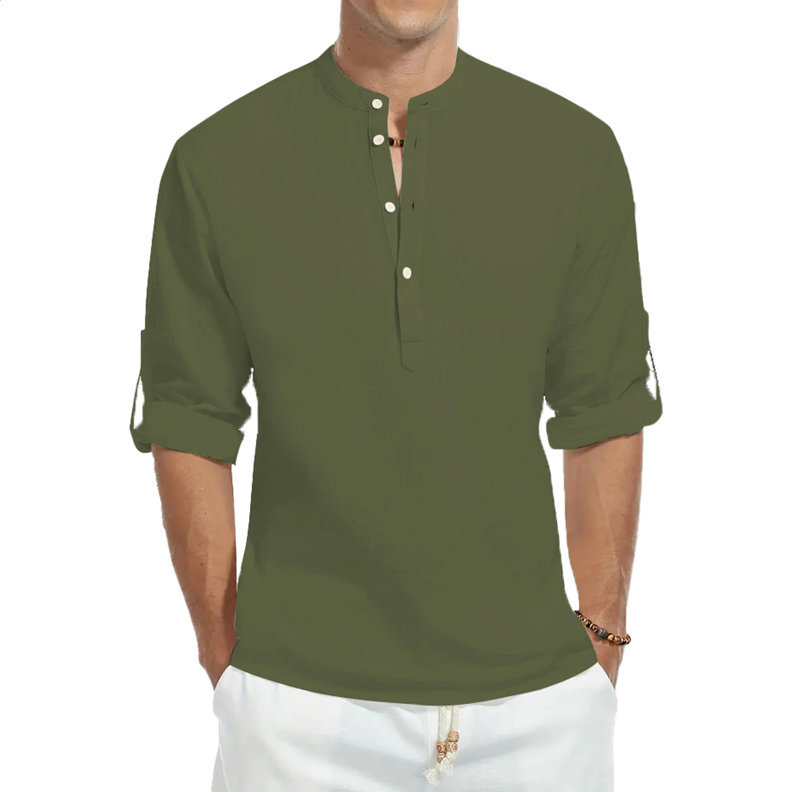 Casual shirts loose cotton mens shirts fashionable stand-up collar solid color long-sleeved T-shirts handsome slim-fit tops 250206