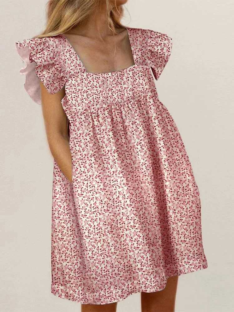 Women Ruffled Mini Dress Summer Cute Square Collar Pocket Dresses Ele Butterfly Sve Beach Party Fe Dresses VestidosXJ2500207