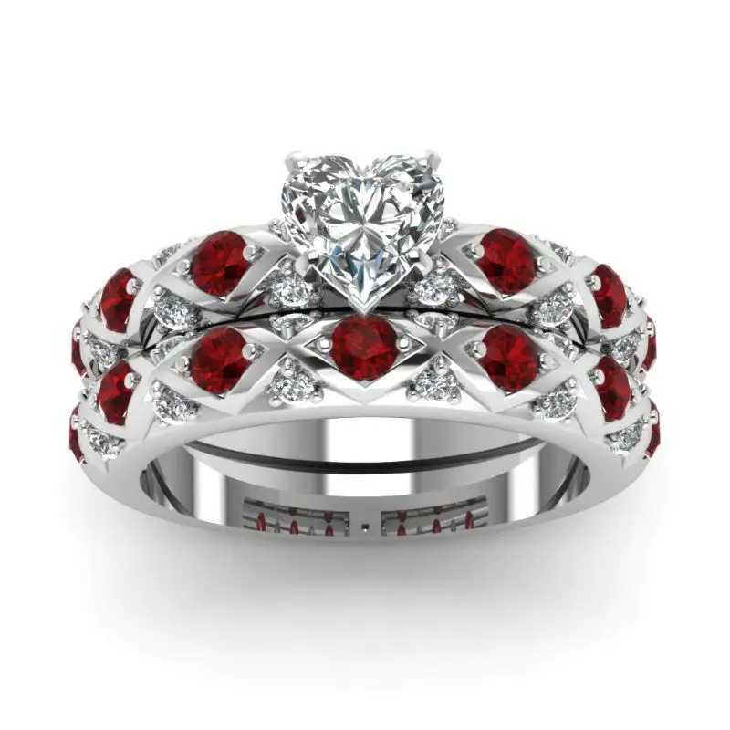 Fashion Couple Rings Women Heart White Crystal CZ Rings Set Mens Red Wood Inlay Stainless Steel Ring Wedding Band Jewelry Gifts W250207