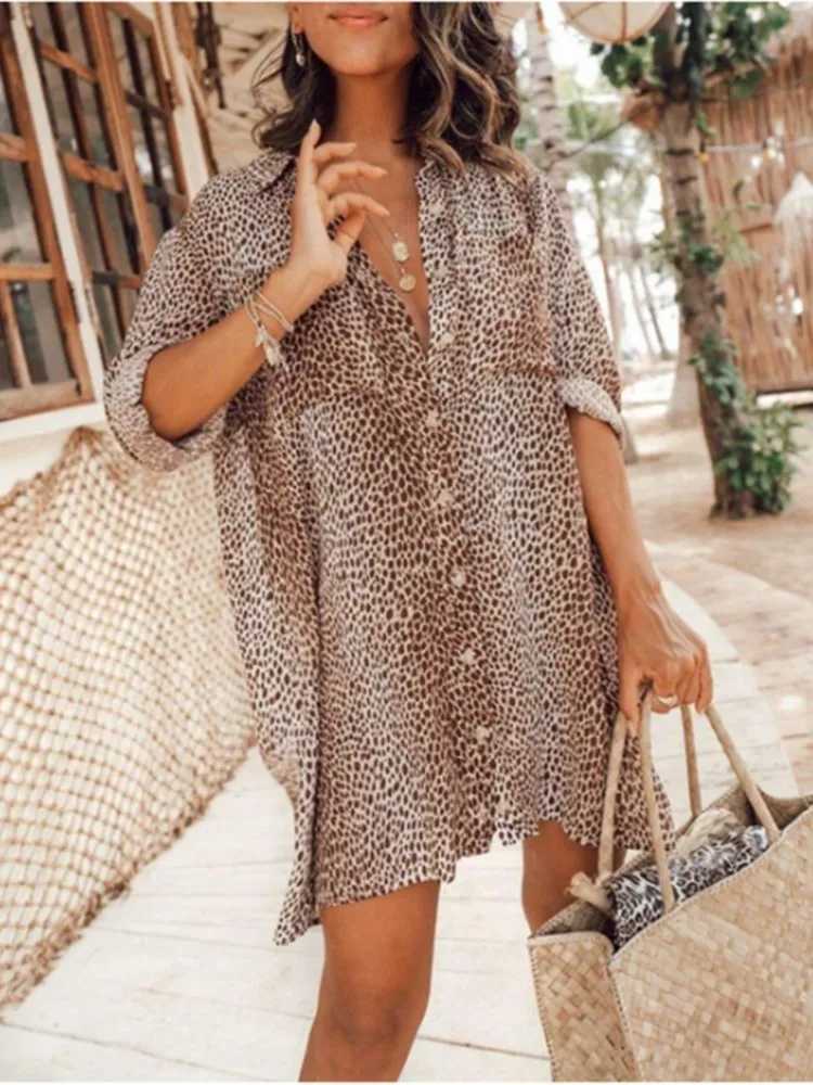 Summer V Neck Leopard Print Casual Long Sve Dress Retro Button Shirt Ele Office 2024 Vacation A Line SkirtXJ2500207