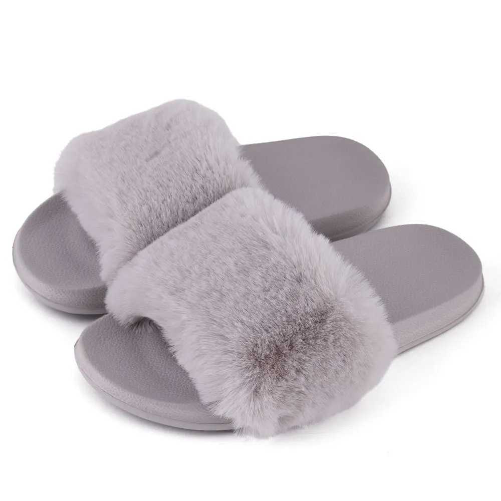 Summer indoor shoes ladies comfortable flat solid color open toe flip flops fake fur fox fur slippersXJ250207