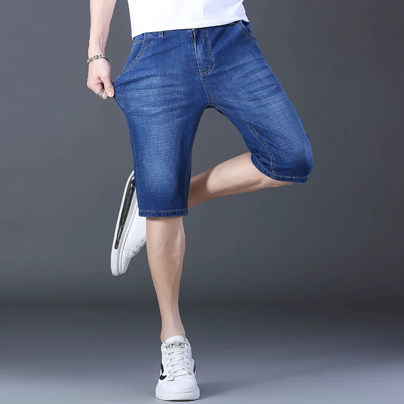 2024 Mens Casual Knee Length Denim Shorts Elastic Straight Cotton Street Jeans Fashion Solid Color 250207