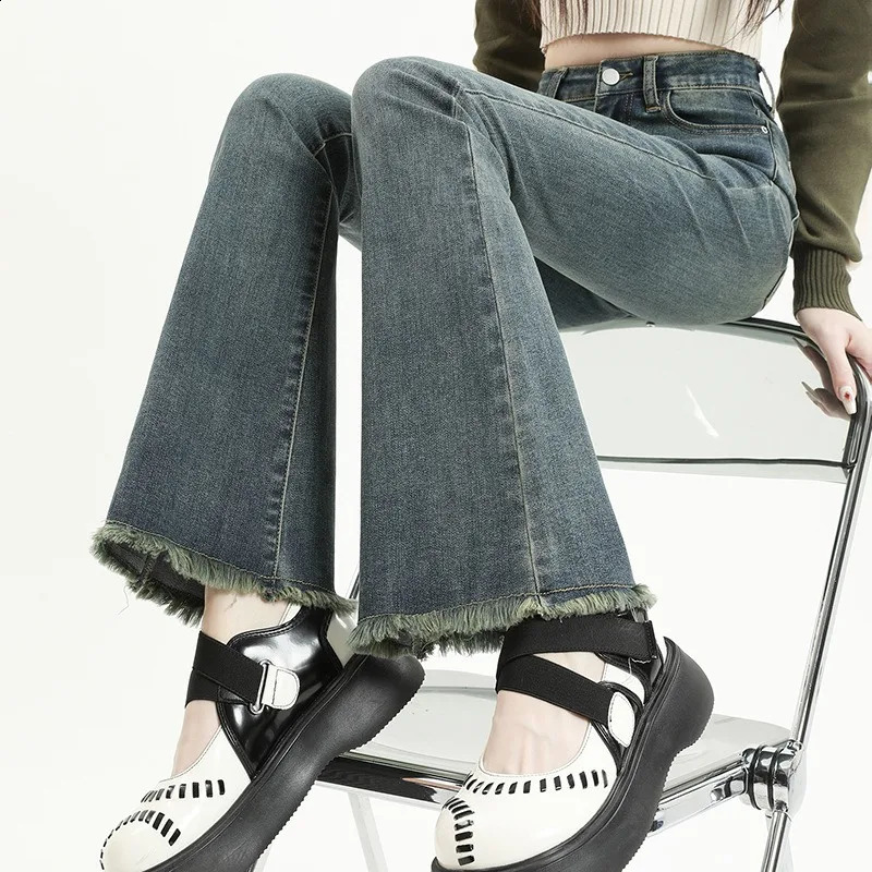 Korean Version High Waisted Fringed n Denim Pants Fashionable Temperament Versatile Flared Trouser Legs Jeans for Female 250206