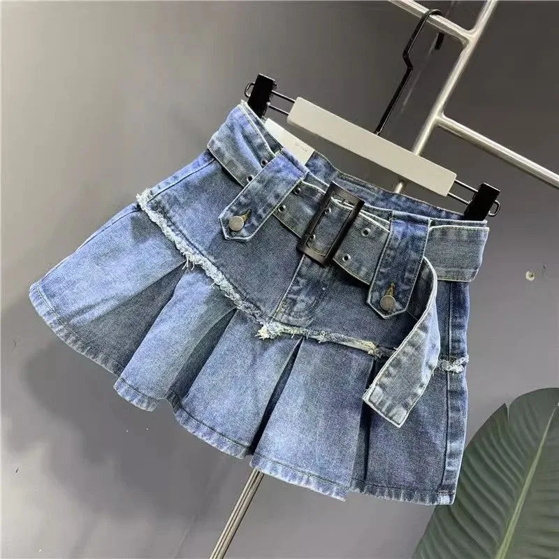 Harajuku Vintage Light Blue Sweet Pleated Denim Skirt Women Y2K Street Fashion Slim A-shaped Half-length Hip Skirt 250207