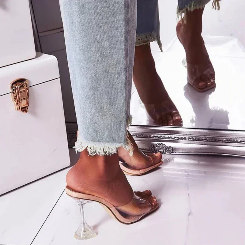 2024 PVC Jelly Slippers Open Toed High Heels Women Transparent Heel Slippers Fashion Lady Shoes Sexy Slippers Plus Size 250206