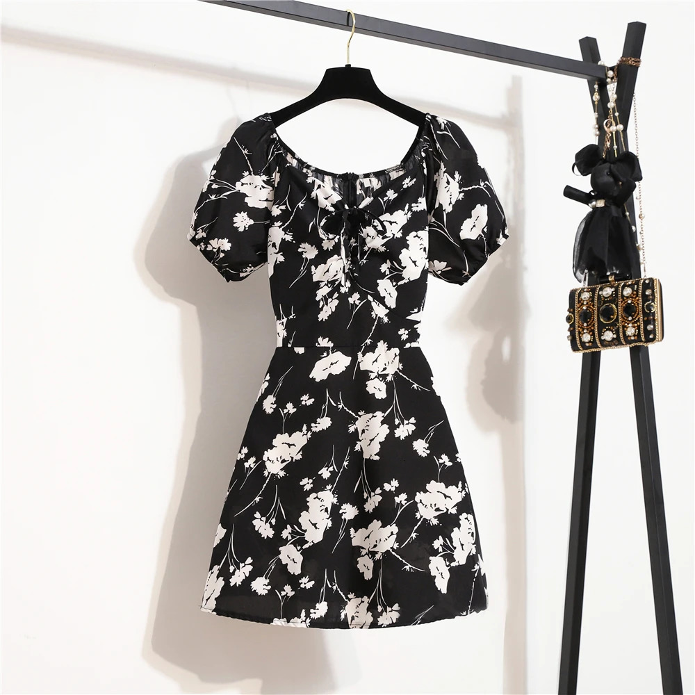 Women Mini Dresses Summer Fashion Female Print Floral Chiffon Shirring Pleated Short Puffy Sleeve Casual Dress 250206