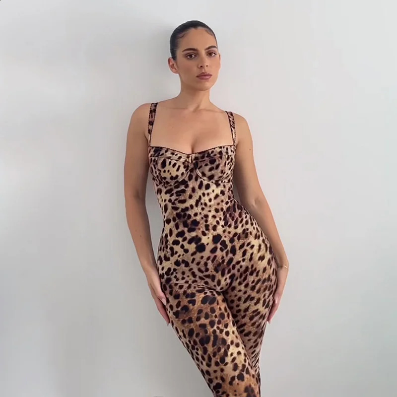 2025 Print Jumpsuits Women Summer Suspendency Low Neck Body-shaping Overalls Female Sexy Attractive Leopard Wear 250206