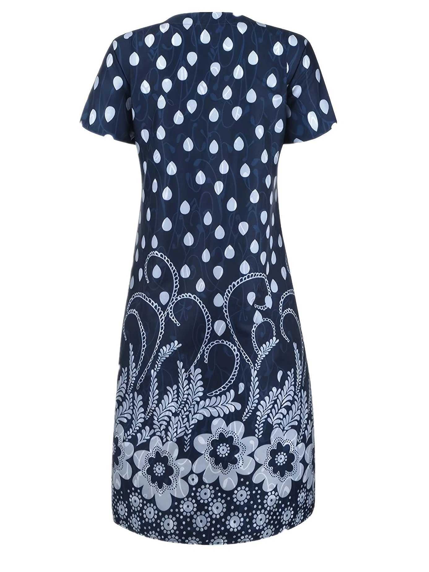 Chic Floral Knee-High Tunic Dress-V-Neck Short SveSeason-Proof Easy-Care Womens Summer WearXJ2500207