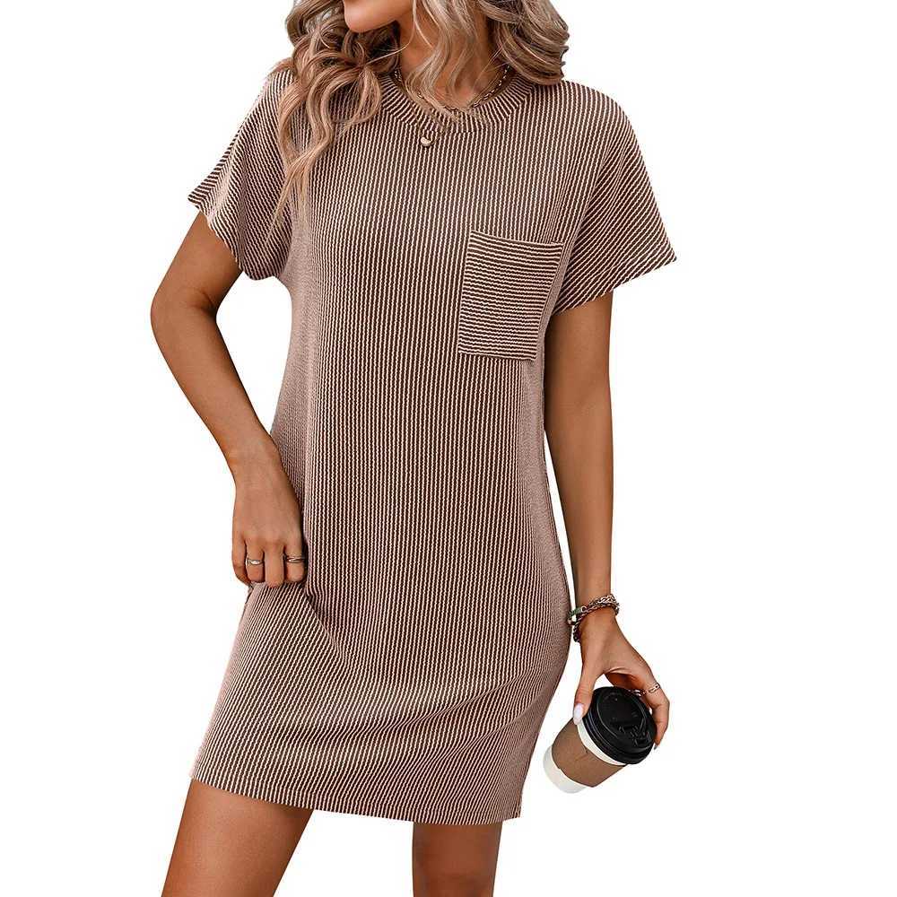 Womens Summer Dress 2024 New Casual Color Blocking Twisted Short Sve Pocket Dress Womens Beach Dress Straight DressXJ2500207